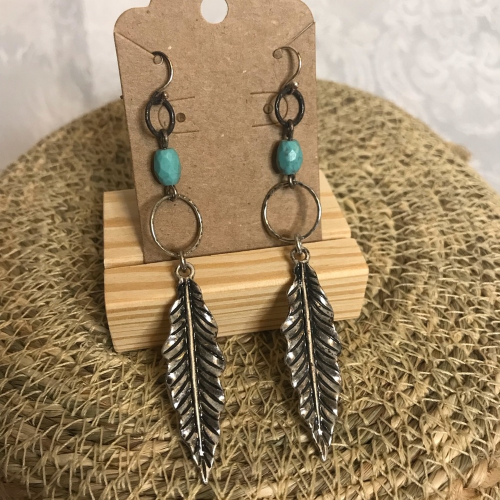 Lucky Brand Feather  & Turquoise Dangle Earrings